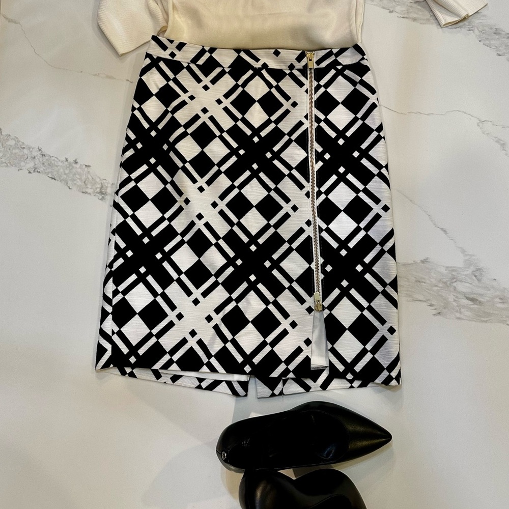 Talbots Black & White Plaid w/ Off-Center Gold Zipper Pencil Skirt Sz 6p